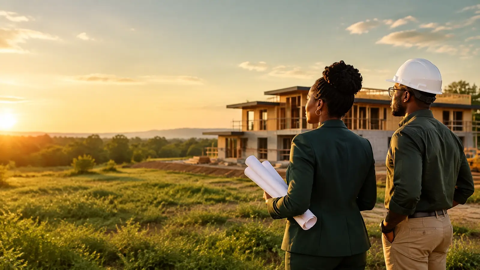 Builder and architect reviewing plans beside a new construction project
